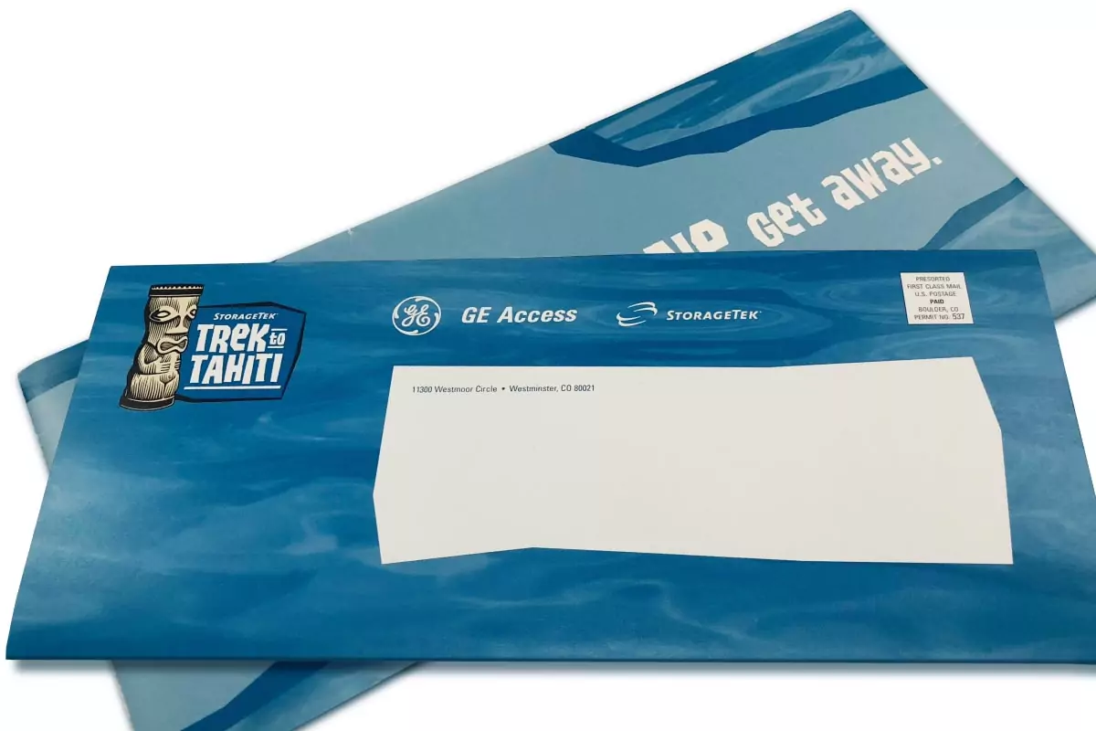 direct mail sample envelope with blue branding