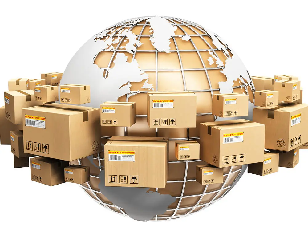 Graphic of globe with boxed packages all around it