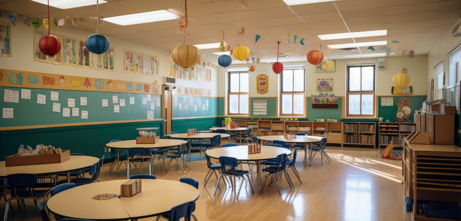 Classroom with desks and colorful decor on walls and hanging from the ceiling